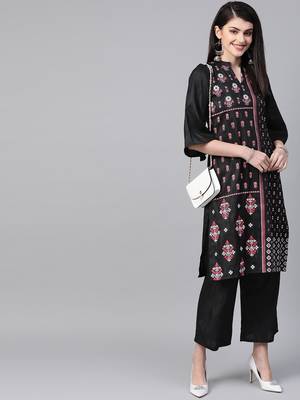Women's black Khadi Print Straight Polysilk Kurta With Palazzo 3