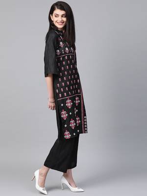 Women's black Khadi Print Straight Polysilk Kurta With Palazzo 4