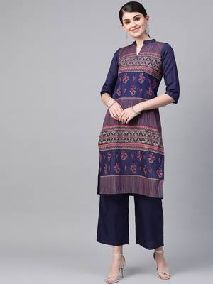 Women's blue Khadi Print Straight Polysilk Kurta 1