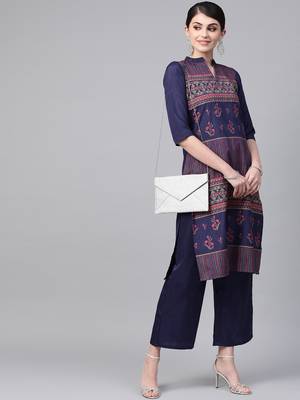 Women's blue Khadi Print Straight Polysilk Kurta 3