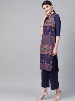 Women's blue Khadi Print Straight Polysilk Kurta 4