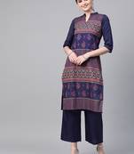 Women's blue Khadi Print Straight Polysilk Kurta With Palazzo