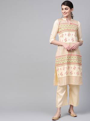 Women's cream Khadi Print Straight Polysilk Kurta 1