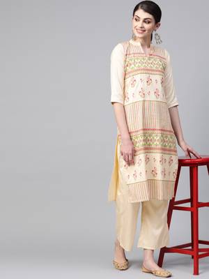 Women's cream Khadi Print Straight Polysilk Kurta 3