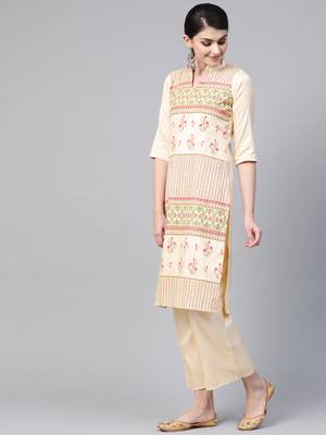 Women's cream Khadi Print Straight Polysilk Kurta 4