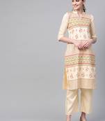 Women's cream Khadi Print Straight Polysilk Kurta With Palazzo
