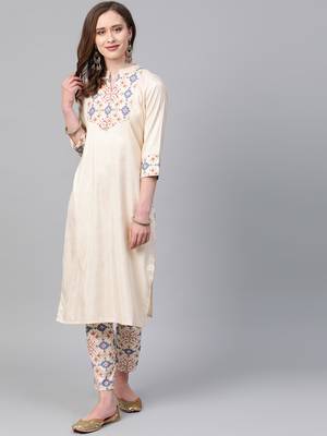 Women's cream foil Print Straight Polysilk Kurta 1