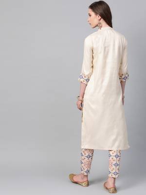 Women's cream foil Print Straight Polysilk Kurta 2