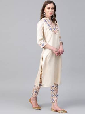 Women's cream foil Print Straight Polysilk Kurta 3
