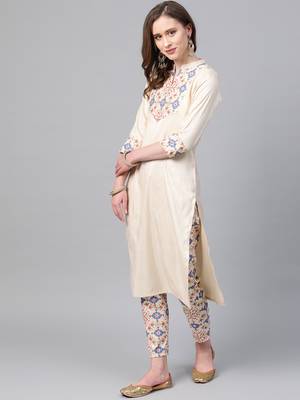 Women's cream foil Print Straight Polysilk Kurta 4