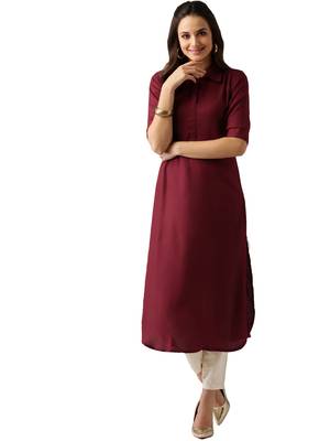 maroon rayon plain long-kurtis For Women 1