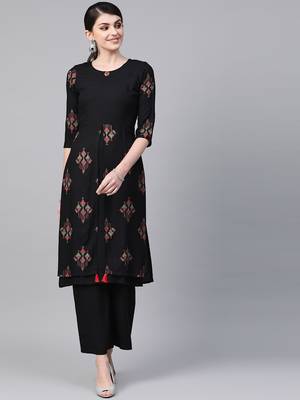 Women's black Khadi Print Straight Rayon Kurta 1