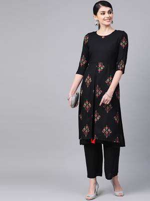 Women's black Khadi Print Straight Rayon Kurta 3