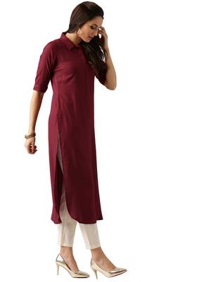 maroon rayon plain long-kurtis For Women 4