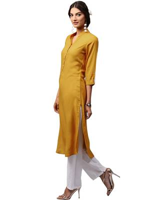 yellow rayon plain long-kurtis For Women 1