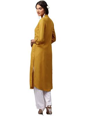yellow rayon plain long-kurtis For Women 2