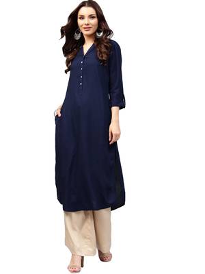 blue rayon plain long-kurtis For Women 1