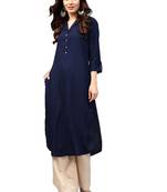 blue rayon plain long-kurtis For Women