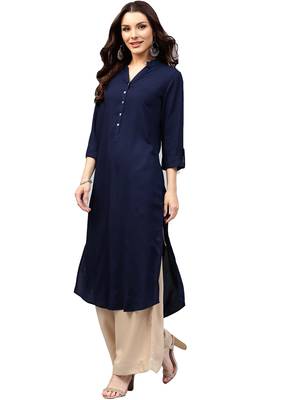blue rayon plain long-kurtis For Women 3