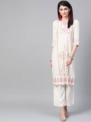 Women's cream Foil Print Flared Rayon Kurta With Palazzo 1