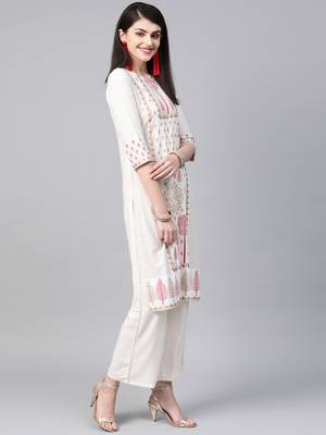 Women's cream Foil Print Flared Rayon Kurta With Palazzo 4