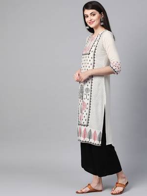 Women's cream Khadi Print Straight Rayon Kurta 4