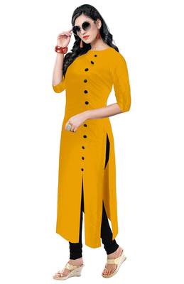 yellow rayon plain long-kurtis For Women 2