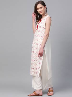 Women's cream Khadi Print Straight Rayon Kurta 4