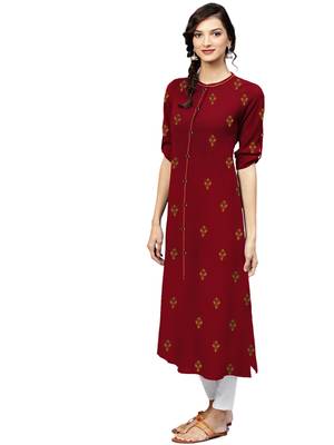 maroon rayon embroidered long-kurtis For Women 3