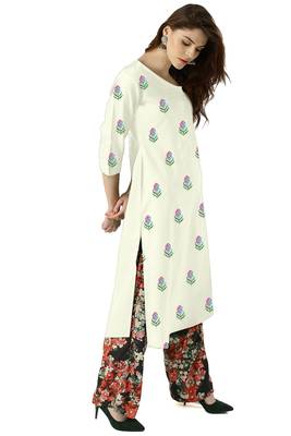 off-white rayon embroidered long-kurtis For Women 4