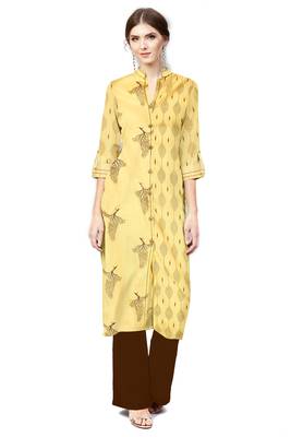 yellow cotton printed long-kurtis For Women 1