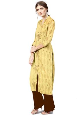 yellow cotton printed long-kurtis For Women 3