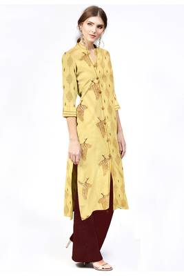 yellow cotton printed long-kurtis For Women 4