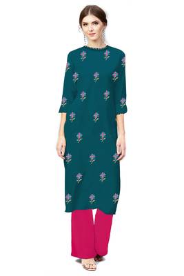 light-sea-green rayon embroidered long-kurtis For Women 1