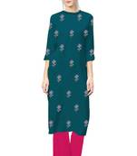 light-sea-green rayon embroidered long-kurtis For Women