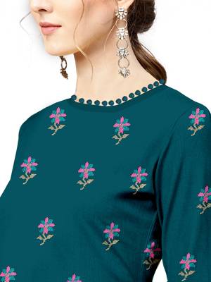 light-sea-green rayon embroidered long-kurtis For Women 2