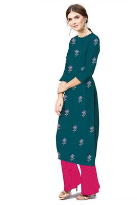 light-sea-green rayon embroidered long-kurtis For Women 3