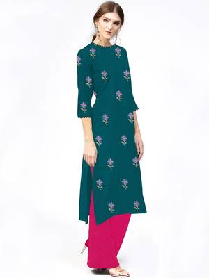 light-sea-green rayon embroidered long-kurtis For Women 4