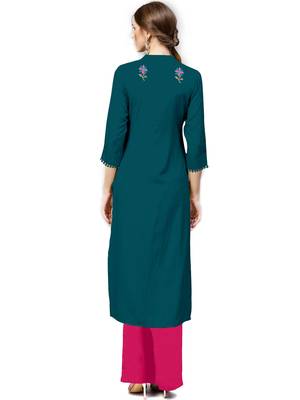 light-sea-green rayon embroidered long-kurtis For Women 5