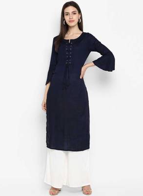 blue rayon plain long-kurtis For Women 1