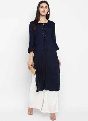 blue rayon plain long-kurtis For Women 2