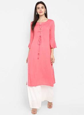 light-pink rayon plain long-kurtis For Women 1