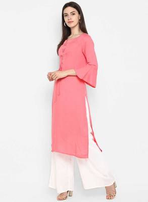 light-pink rayon plain long-kurtis For Women 4