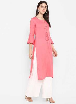 light-pink rayon plain long-kurtis For Women 5