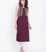 wine rayon plain long-kurtis For Women