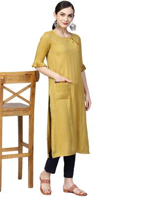 yellow cotton plain long-kurtis For Women 1