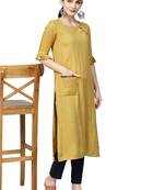 yellow cotton plain long-kurtis For Women