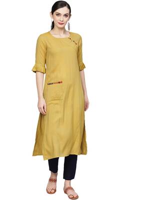 yellow cotton plain long-kurtis For Women 2