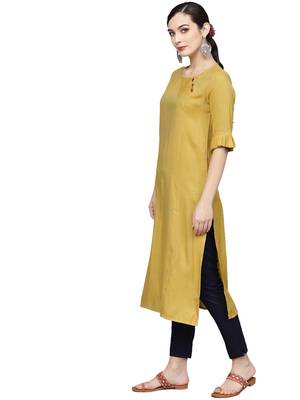 yellow cotton plain long-kurtis For Women 4