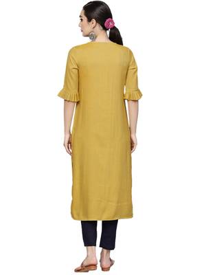 yellow cotton plain long-kurtis For Women 5